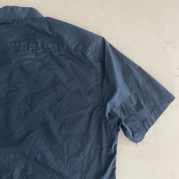 Shanghai Tang Designer SS Button Down Mandarin Collar Cotton Shirt Navy Blue L - Picture 10 of 12